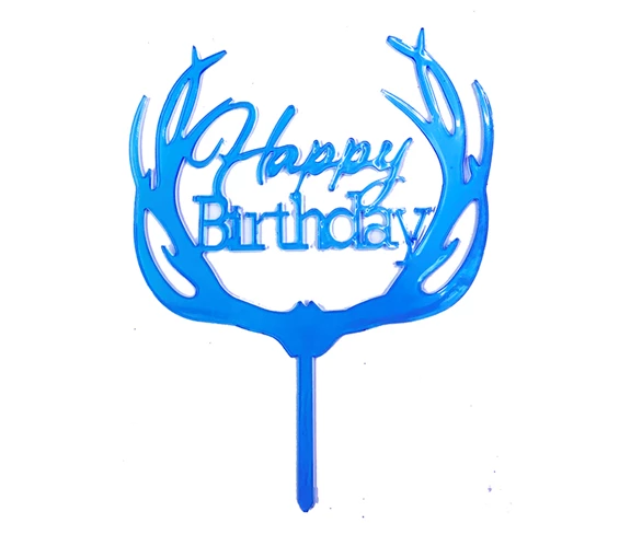 Needion - Happy Birthday Yazılı Pasta Süslemesi Kek Çubuğu Mavi Renk 13 cm