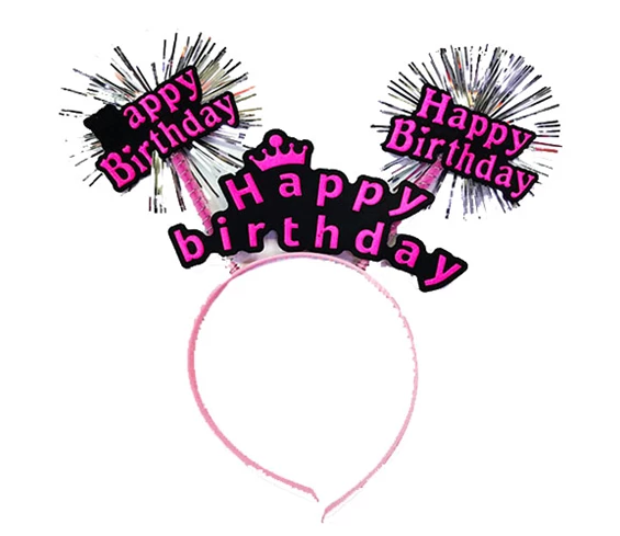 Needion - Happy Birthday Yazılı Püsküllü Neon Pembe Renk Doğum Günü Tacı