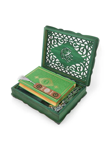 Needion - Hediyelik Ahşap Kitaplık ve Kuran Rahlesi, Seccade, Tesbih, Kur'an-ı Kerim, Ayraçlı Paket - Yeşil