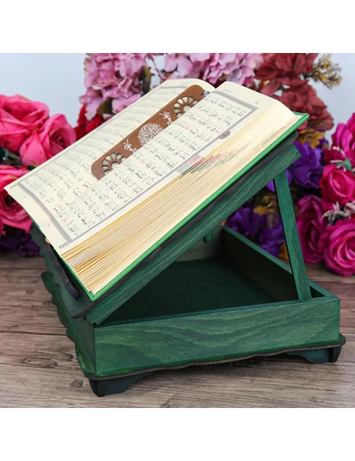 Needion - Hediyelik Ahşap Kitaplık ve Kuran Rahlesi, Seccade, Tesbih, Kur'an-ı Kerim, Ayraçlı Paket - Yeşil