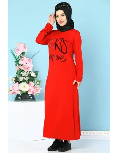Needion - İnci İşlemeli Likralı Tesettür Elbise Kırmızı