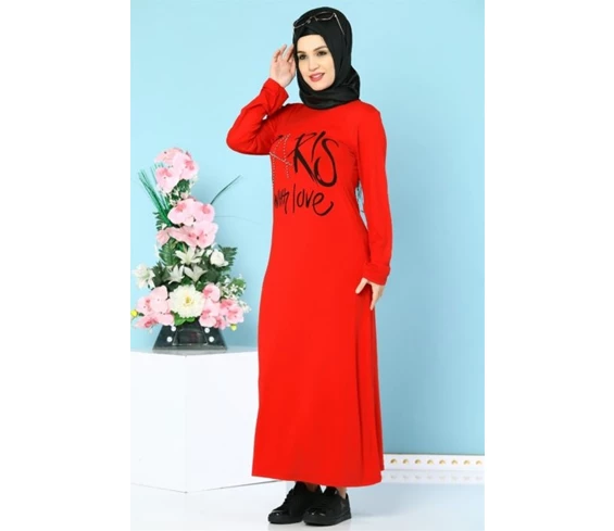 Needion - İnci İşlemeli Likralı Tesettür Elbise Kırmızı