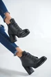Needion - Kadın Besmi Gri Topuklu Bağcıklı Fermuarlı Topuklu Kısa Bot GRİ 36
