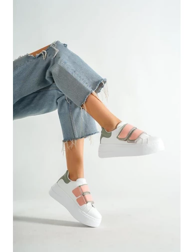 Needion - Kadın Beyaz Pudra Yeşil Çift Cırt Cırt Detaylı Sneaker Günlük Spor Ayakkabı Kecsp121