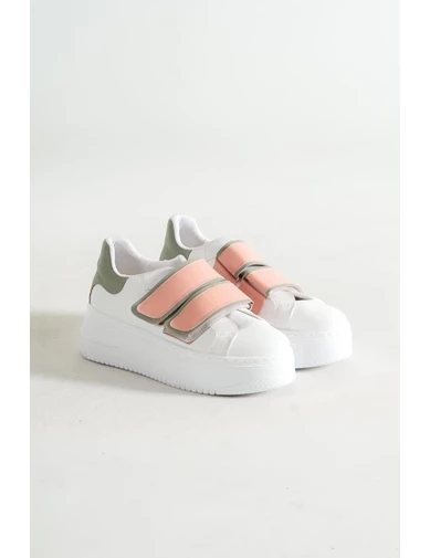 Needion - Kadın Beyaz Pudra Yeşil Çift Cırt Cırt Detaylı Sneaker Günlük Spor Ayakkabı Kecsp121