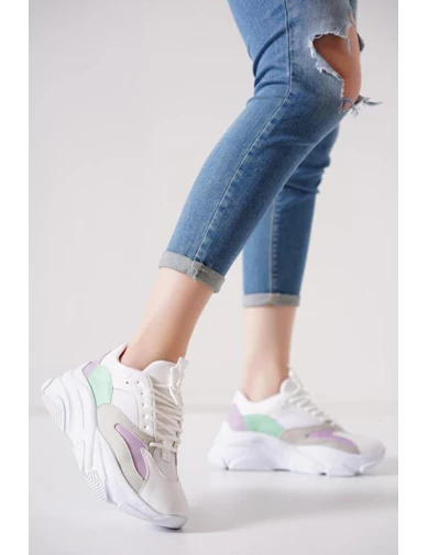 Needion - Kadın Beyaz Yüksek Tabanlı Renk Detaylı Sneaker Günlük Spor Ayakkabı Kecsp145
