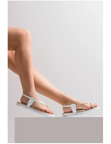 Needion - Kadın Deri Hasırlı Parmak Arası Sandalet BEYAZ HASIR HKN2127529