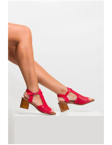 Needion - Kadın Deri Kalın Topuklu Ayakkabı KIRMIZI ALP212108