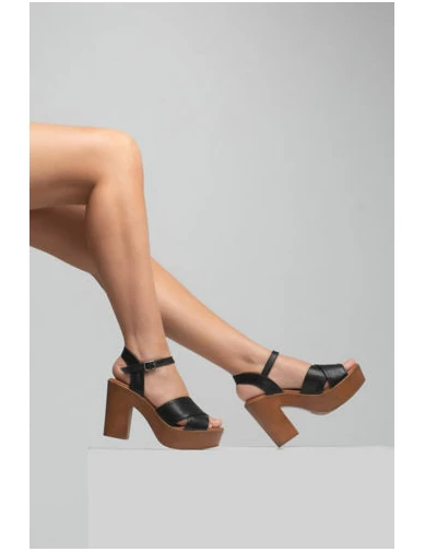 Needion - Kadın Deri Siyah Kalın Topuk Sandalet SIYAH