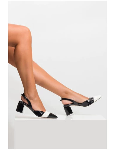Needion - Kadın Kalın Kısa Topuk Ayakkabı SIYAH RUGAN BEYAZ ERC212183