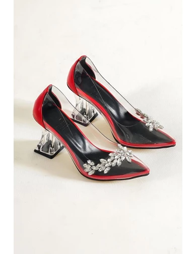 Needion - Kadın Kırmızı Şeffaf Burgu Topuk Taş Detaylı Ayakkabı