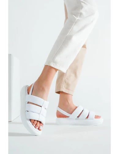 Needion - Kadın Many Beyaz 3 Bant Lastikli Bilekten Bağlama Terlik&sandalet M105