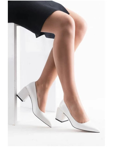 Needion - Kadın Pu Beyaz Kalın Topuklu Sivri Burun Ayakkabı BEYAZ ERC20287-4