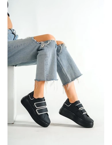 Needion - Kadın Siyah Gri Çift Cırt Cırt Detaylı Sneaker Günlük Spor Ayakkabı Kecsp121