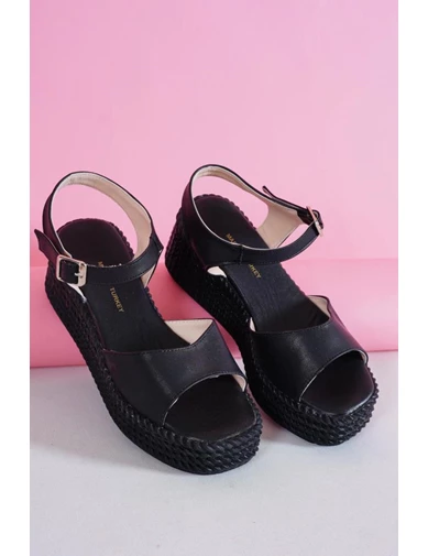 Needion - Kadın Velly Siyah Tek Bant Bilekten Bağlama Dolgu Topuk Terlik&sandalet Ts204