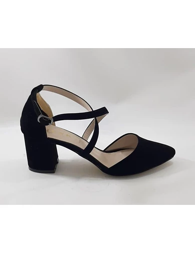 Needion - Kalın Kare Topuk Siyah Süet Bayan Topuklu Ayakkabı  6 Cm Topuk