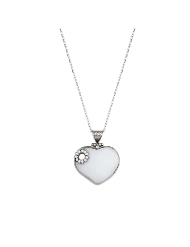 Needion - Kalp Formlu Kolye Beyaz Onix Taşlı Rodyum Kaplama 925 Ayar Gümüş