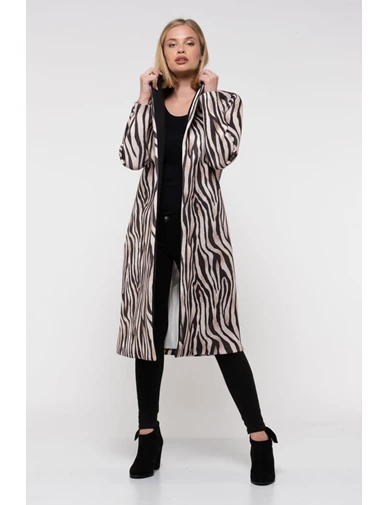 Needion - Kemerli Zebra Desenli Uzun Kadın Ceket