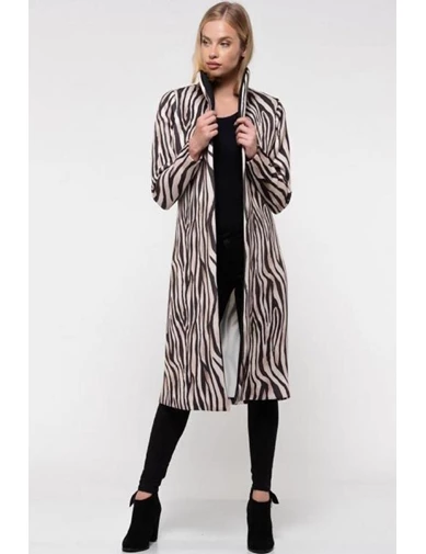 Needion - Kemerli Zebra Desenli Uzun Kadın Ceket