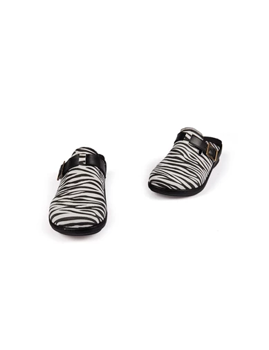 Needion - Kemerli Zebra Model Hakiki Deri Siyah Beyaz Unisex Terlik Exclusive Series