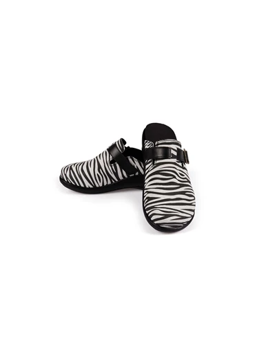 Needion - Kemerli Zebra Model Hakiki Deri Siyah Beyaz Unisex Terlik Exclusive Series