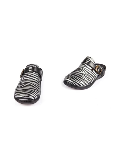 Needion - Kemerli Zebra Model Hakiki Deri Siyah Gümüş Unisex Terlik Exclusive Series