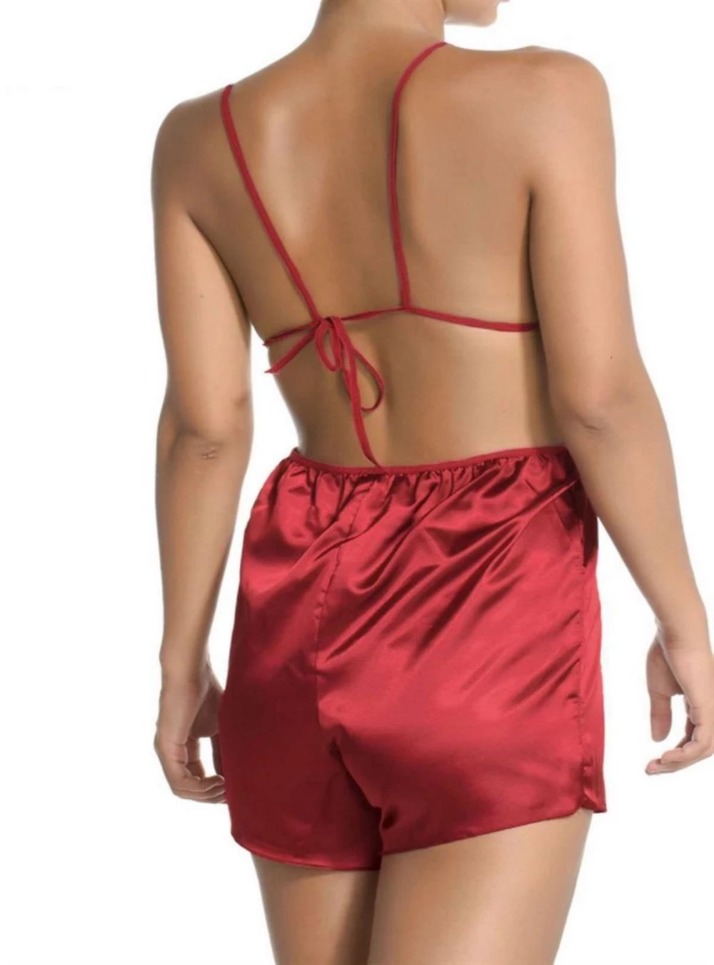 Needion - Kırmızı Cazibesi Saten Tulum Sırtı Açık Ve İpli