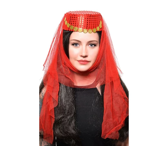 Needion - Kırmızı Duvaklı Altın Pul İşlemeli Kına Fesi Kına Şapkası Oryantal Şapkası