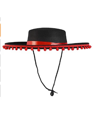 Needion - Kırmızı Ponponlu Siyah Renk Çocuk İspanyol Şapkası