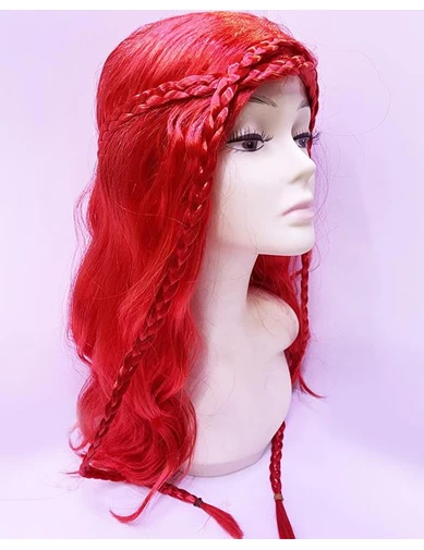 Needion - Kırmızı Renk Astarlı Örgülü Helen Karakter Peruğu Takma Saç Peruk