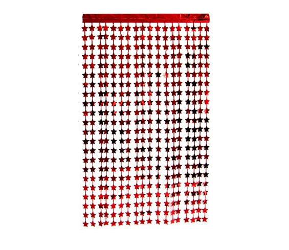 Needion - Kırmızı Renk Yıldız Şekilli Metalize Saçaklı Arka Fon Perde Dekorasyon