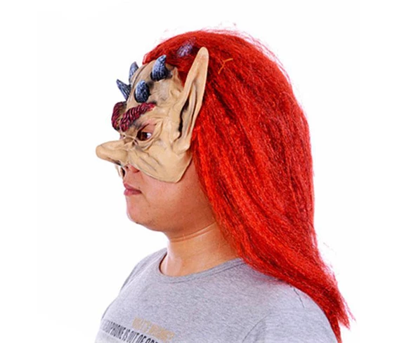 Needion - Kırmızı Saçlı Yarım Surat Boynuzlu Lateks Asteriks Viking Hobbit Maskesi