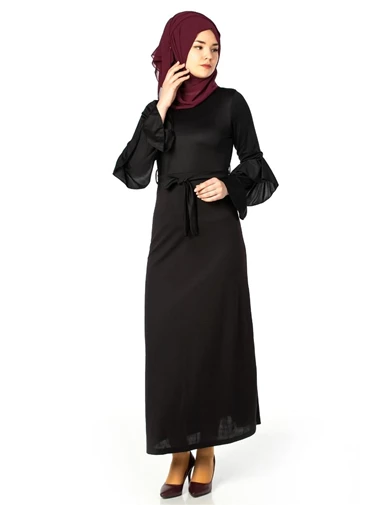 Needion - Kolları Fırfırlı Tesettür Elbise Siyah