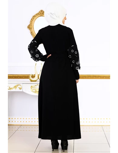 Needion - Kolları Papatya Desenli Tesettür Ferace Elbise Siyah
