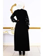 Needion - Kolları Papatya Desenli Tesettür Ferace Elbise Siyah 38