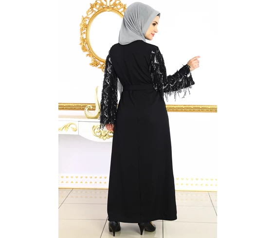 Needion - Kolları Pul Payet İşlemeli Tesettür Elbise Siyah