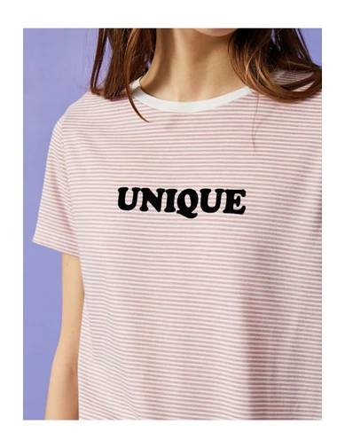 Needion - Koton Kadın Pembe Çizgili Kısa Kollu T-Shirt