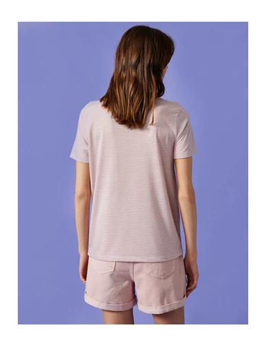 Needion - Koton Kadın Pembe Çizgili Kısa Kollu T-Shirt