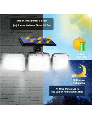 Needion - Kumandalı Solar Güneş Enerjili 122 Ledli Hareket Sensörlü Bahçe Aydınlatma Sokak Lambası
