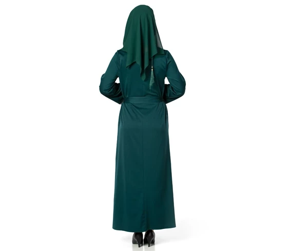 Needion - Kuşaklı Tesettür Abıye Elbise Zumrut