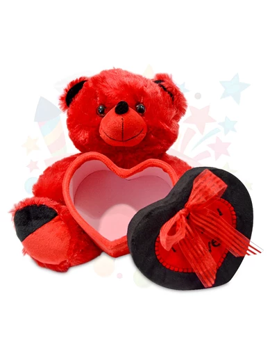 Needion - Kutu Pelüş Kalp Kutulu Ayıcık Kırmızı 25 cm