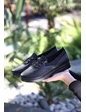 Needion - Laxi Siyah Cilt Bağcıklı Spor Ayakkabı 35