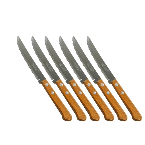 Needion - Marob Orijinal Ahşap Saplı Et Biftek Bıçağı Tırtıklı Steak Bıçak 6Lı 914TR