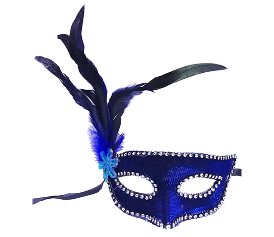 Needion - Mavi Renk Kumaş Kaplama Yandan Tüylü Yılbaşı Parti Maskesi