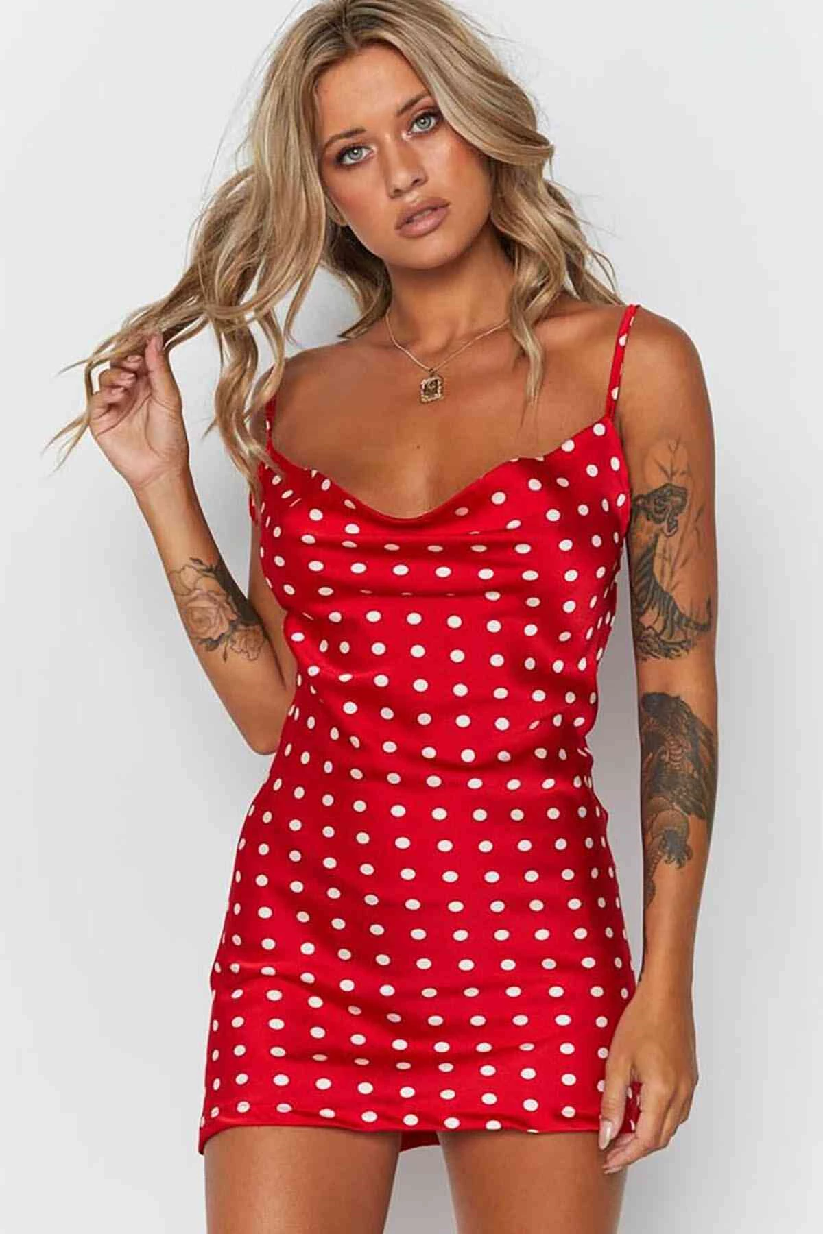 Needion - Merry See Saten Puantiyeli Mini Elbise Kırmızı