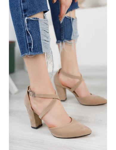 Needion - Merve BAŞ Vizon Süet Yüksek  Kalın Topuk Kadın Klasik Topuklu Ayakkabı