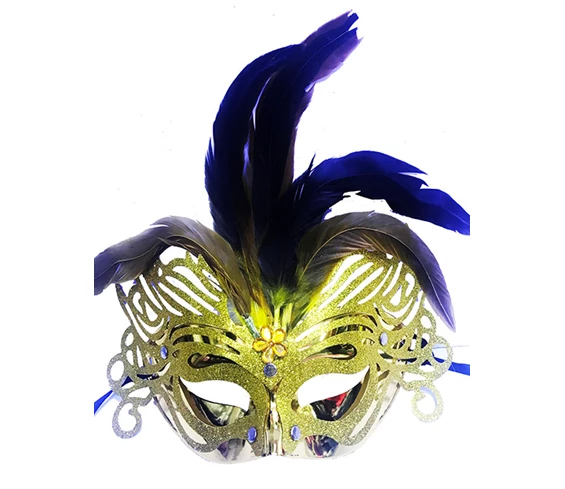 Needion - Metalize Altın Renk Tüylü Lüks Venedik Parti Balo Maskesi
