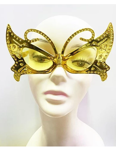 Needion - Metalize Kelebek Şekilli Parlak Parti Gözlüğü Altın Renk 15x9 cm