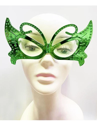 Needion - Metalize Kelebek Şekilli Parlak Parti Gözlüğü Yeşil Renk 15x9 cm