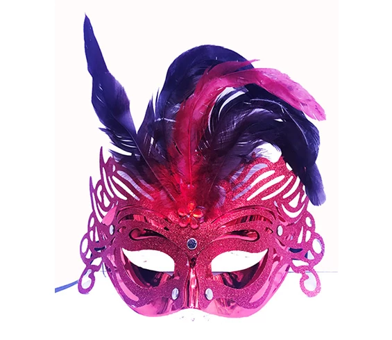 Needion - Metalize Kırmızı Renk Tüylü Lüks Venedik Parti Balo Maskesi